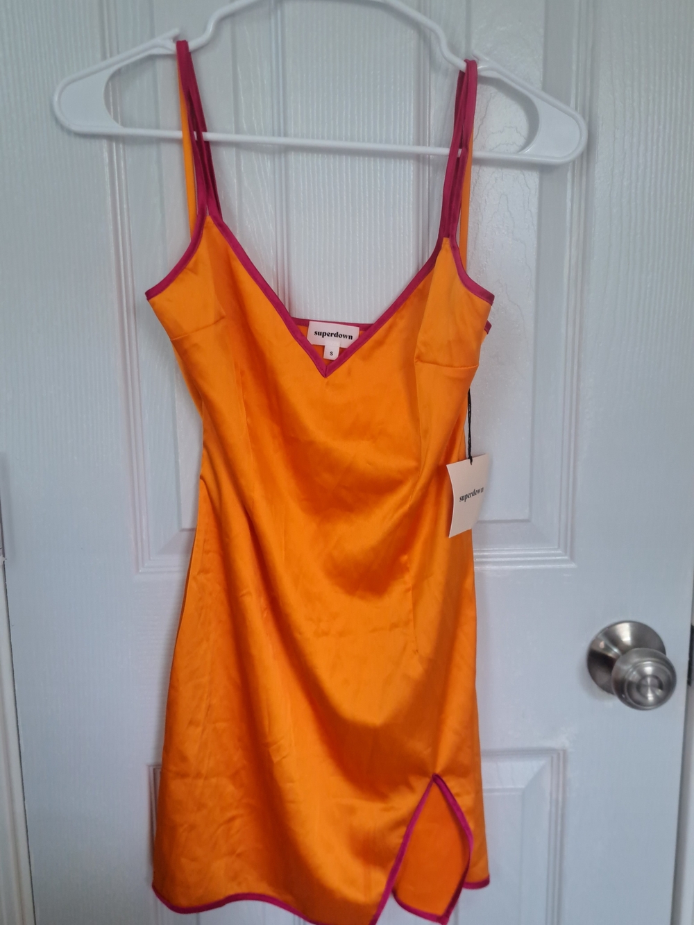 superdown Orange Mini Slip Dress with Pink Trim